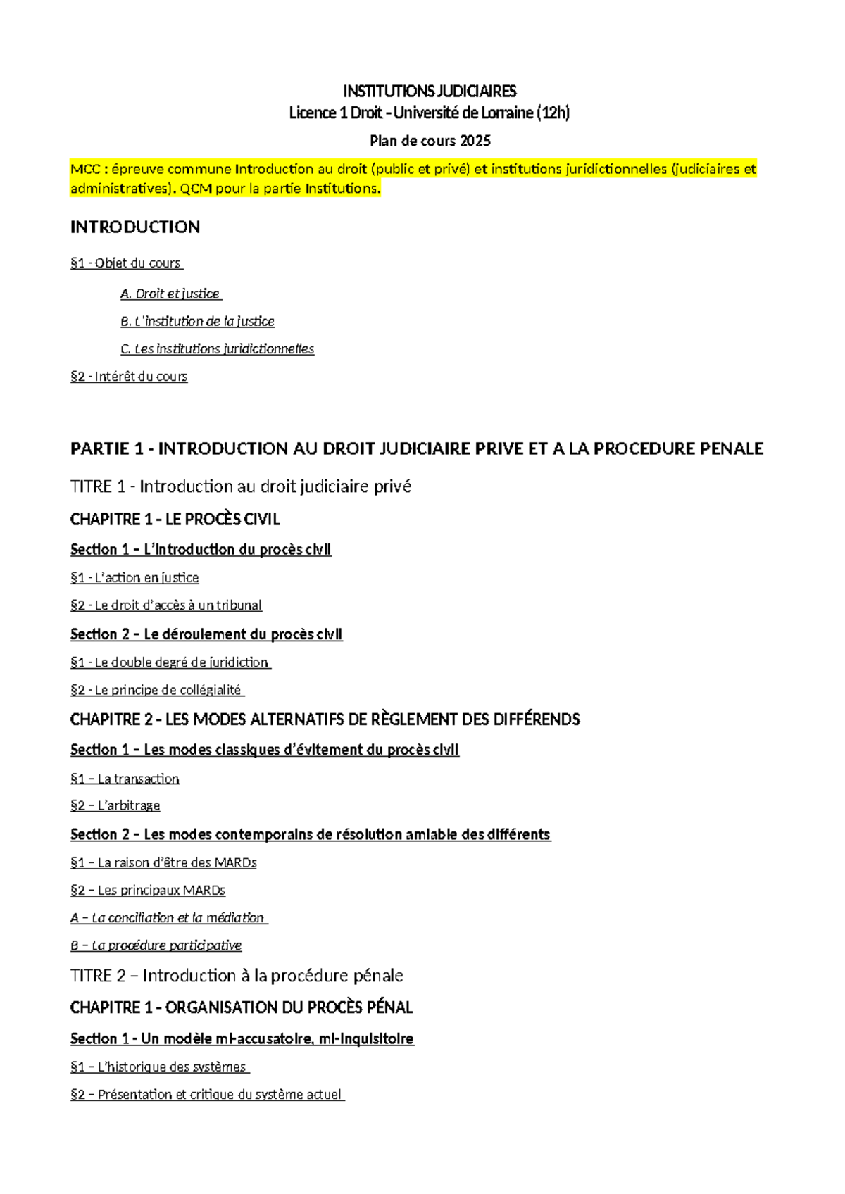 Institutions Judiciaires - Licence 1 Droit - Plan de Cours 2025 - Studocu