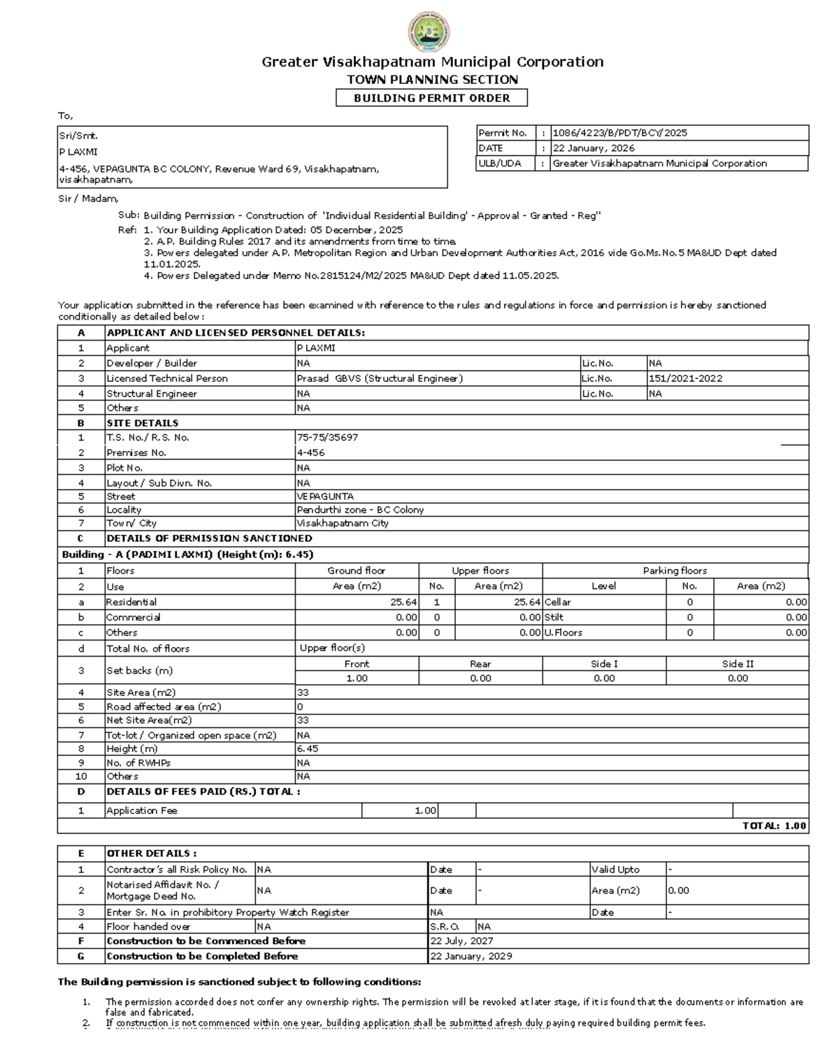 Building Permit Order for Residential Construction - Permit No. P LAXMI ...