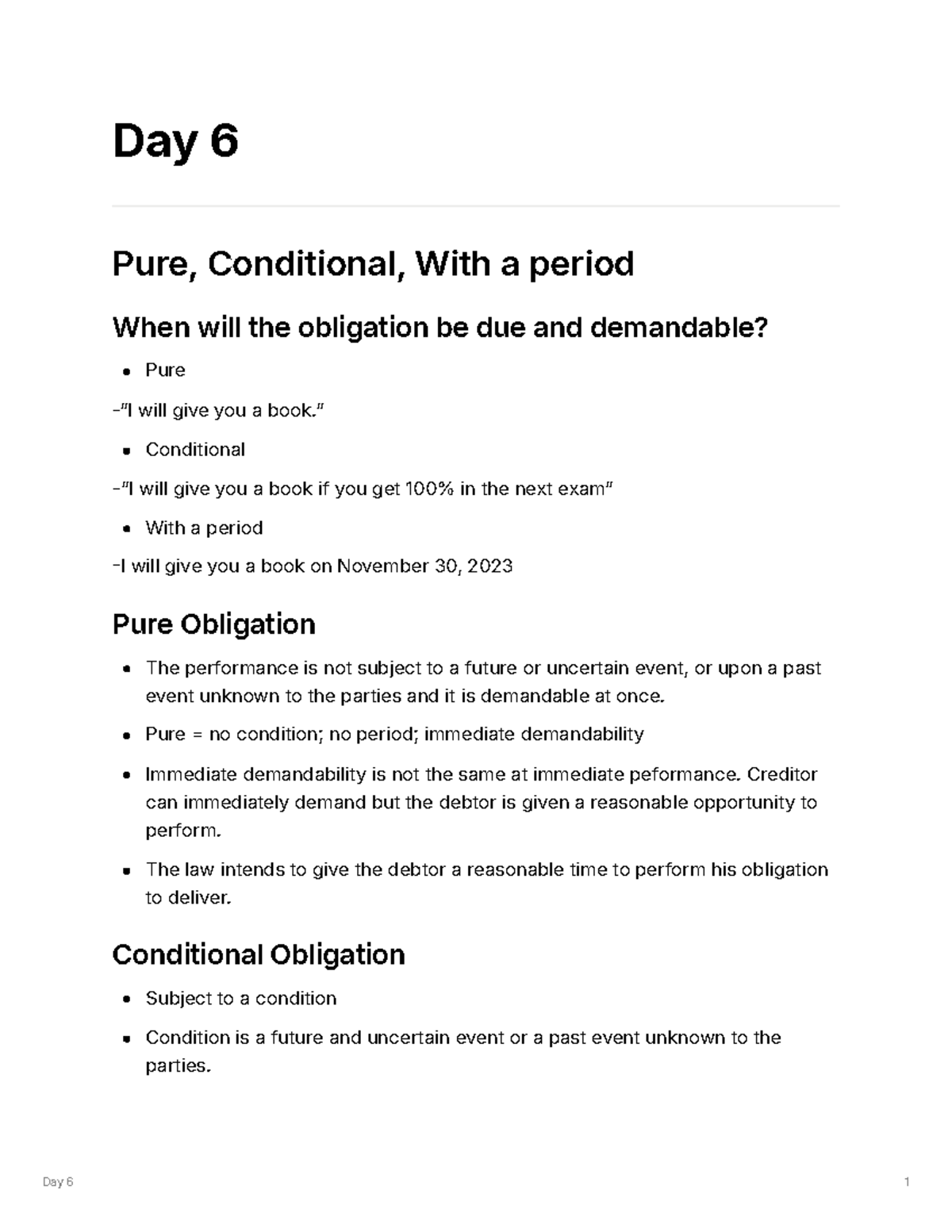 Day 6 - Pure, Conditional Obligations & Due Dates Explained - Studocu