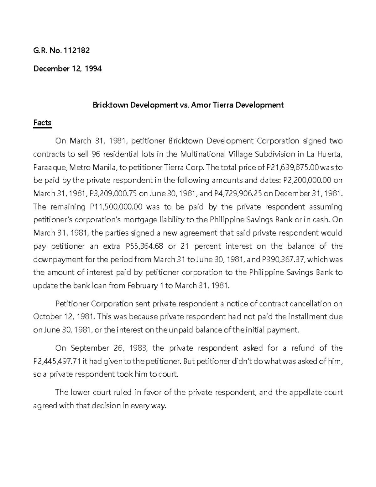 Case Digest: Bricktown Dev't vs. Amor Tierra Dev't (G.R. No. 112182 ...