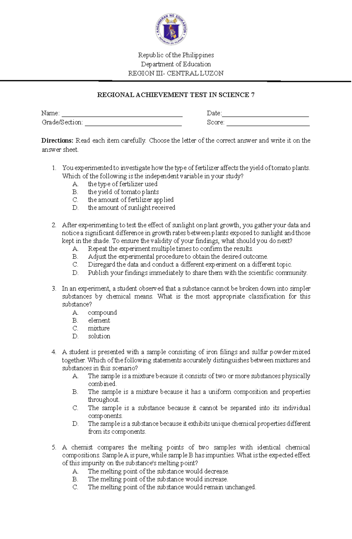 Final RAT Science 7: Comprehensive Review for Achievement Exam - Studocu