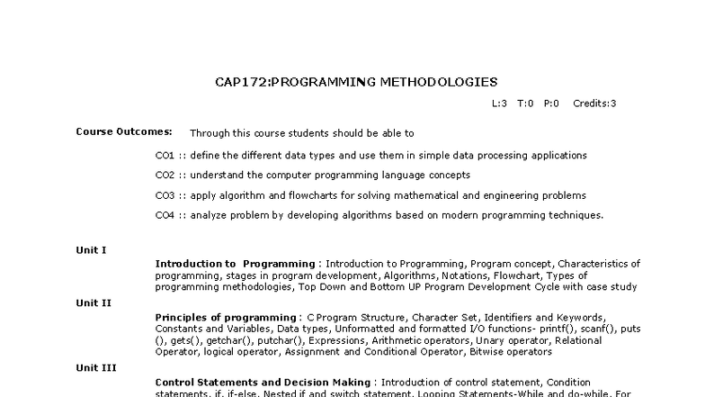 CAP172: Programming Methodologies Syllabus Overview - Studocu