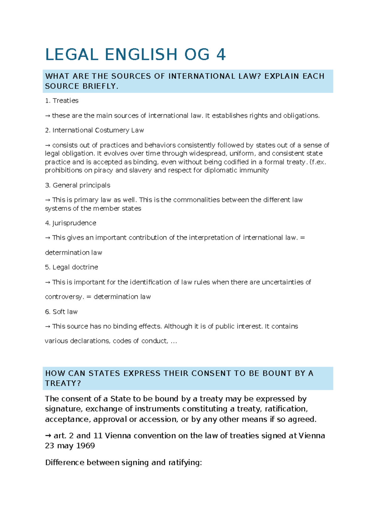 Legal English OG 4: Sources of International Law Explained - Studocu