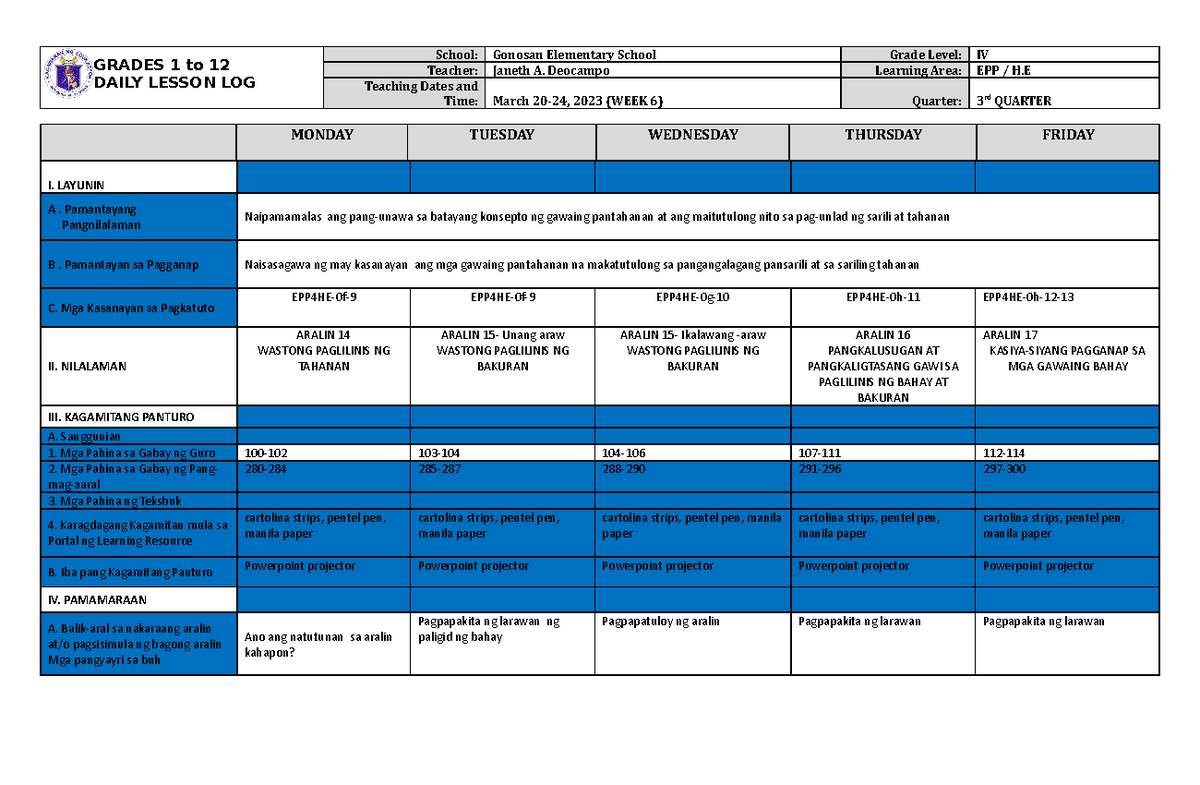 DLL EPP-Home Economics 4 Q3 W6 - GRADES 1 to 12 DAILY LESSON LOG School ...