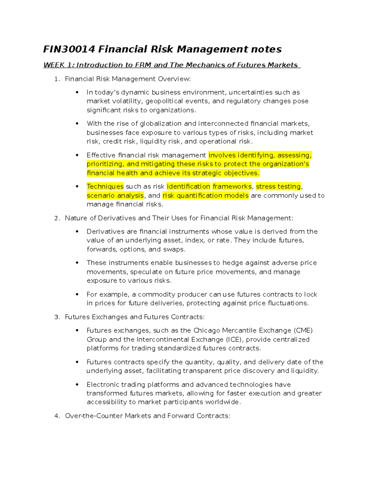 FIN30014 Financial Risk Management: Comprehensive Study Notes - Studocu