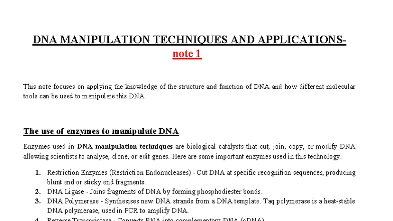 DNA Manipulation Techniques and Applications - VCE Biology Note 1 - Studocu
