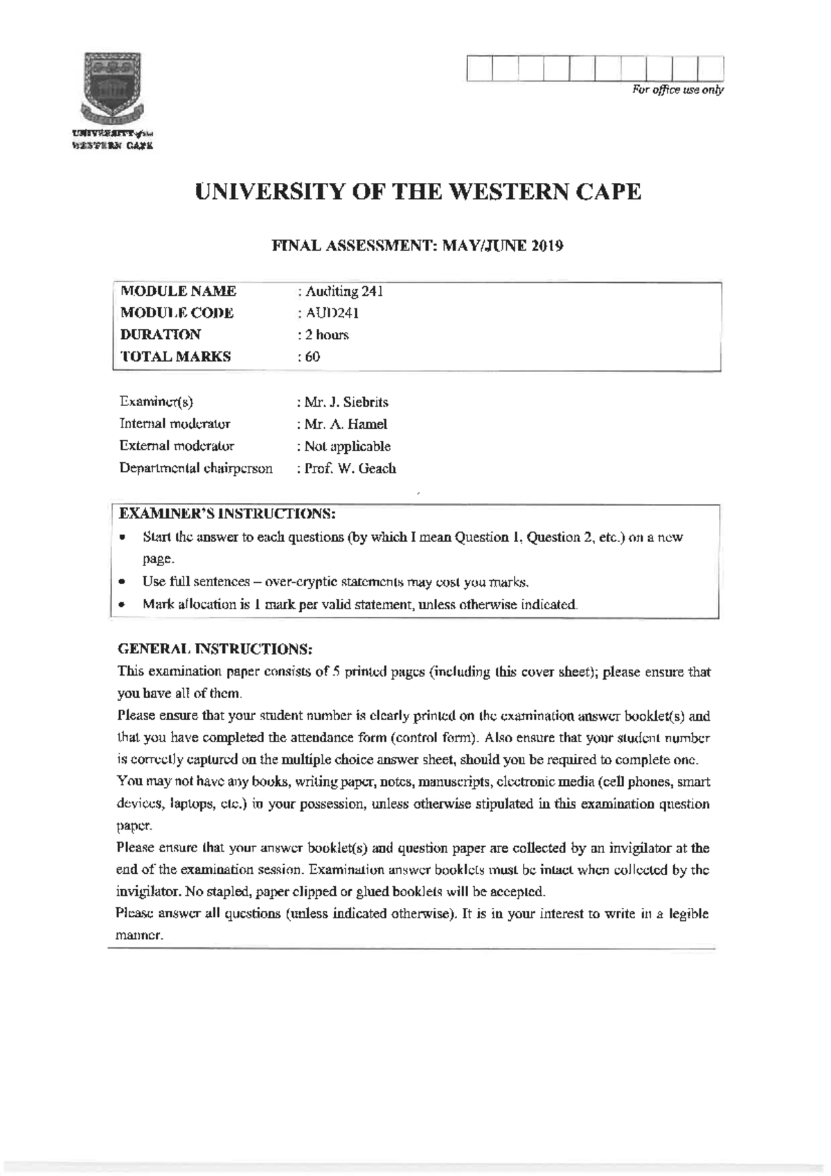 AUD241 2019 Final Exam: Auditing June Assessment Guide - Studocu