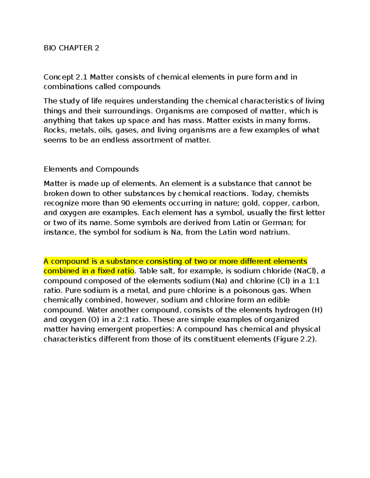 BIO CHAPTER 2: Understanding Matter, Elements, and Compounds - Studocu