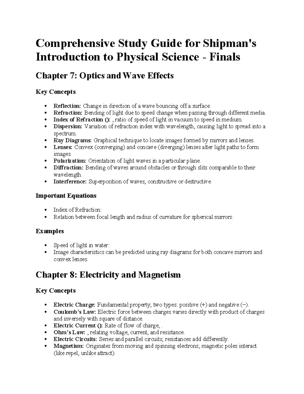 Comprehensive Study Guide for PHSC 101 Finals: Optics, Electricity, and ...