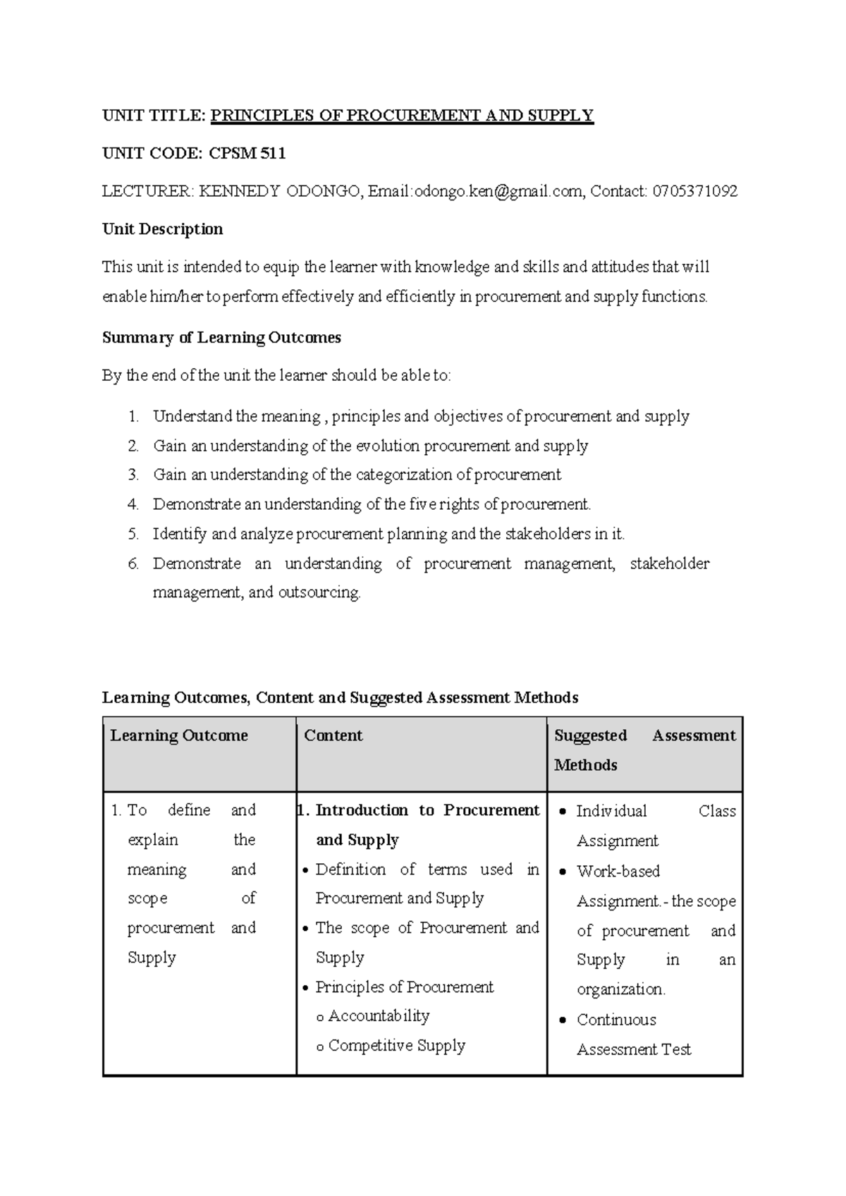 Principles of Procurement - UNIT TITLE: PRINCIPLES OF PROCUREMENT AND ...