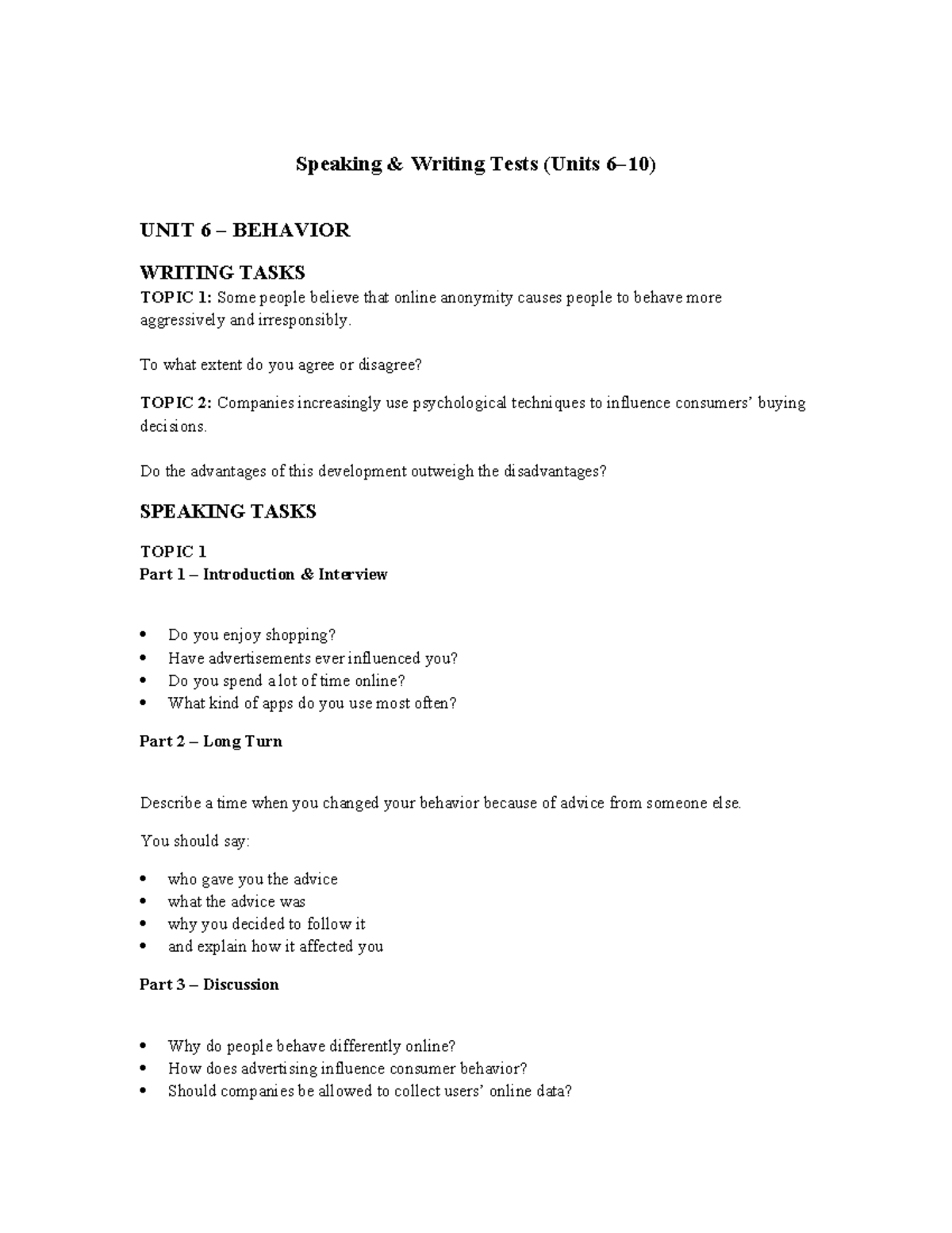 GE4 Speaking & Writing Tasks: Units 6-10 Overview - Studocu