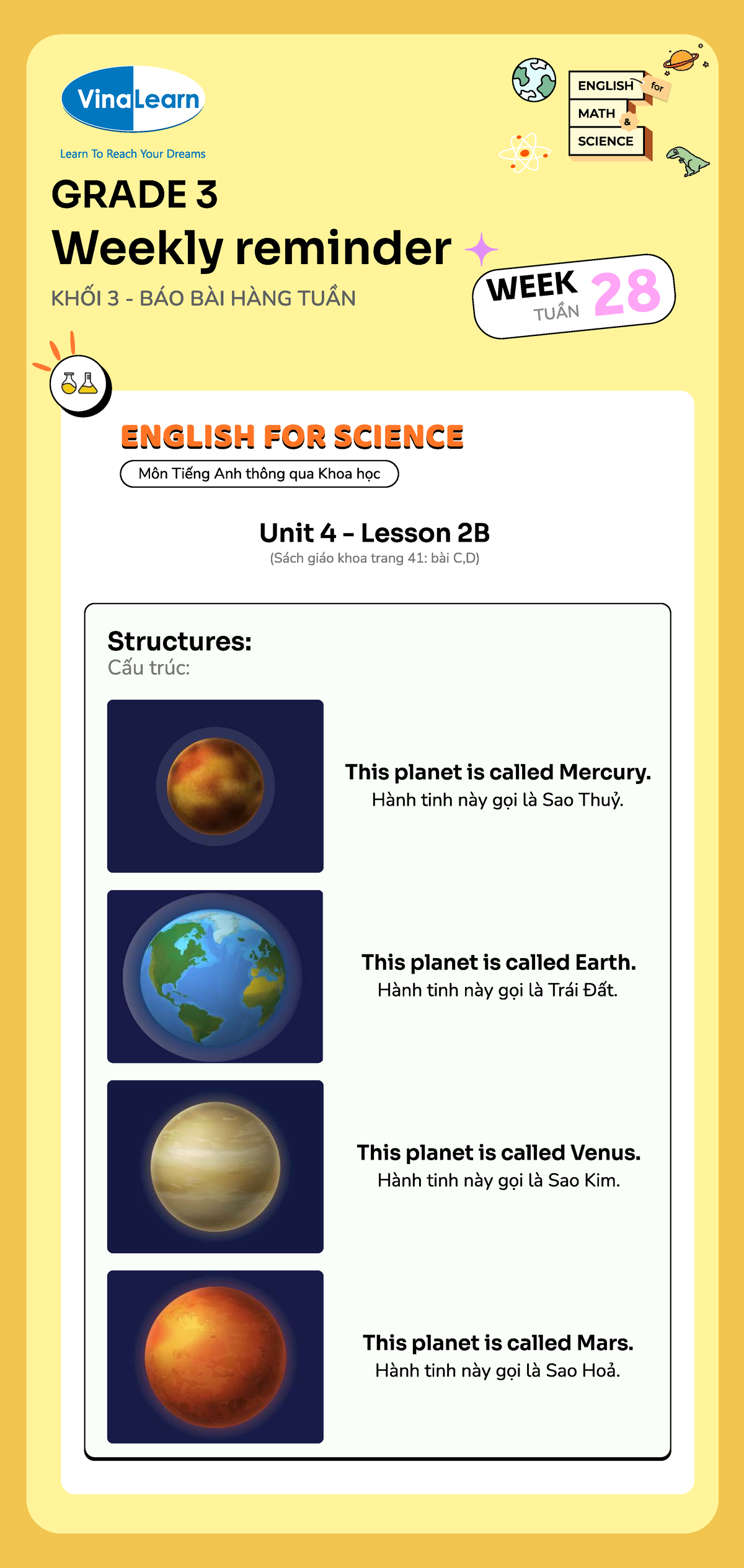 ENGLISH for VinaLearn MATH SCIENCE GRADE 3 Weekly Reminder Week 28 ...