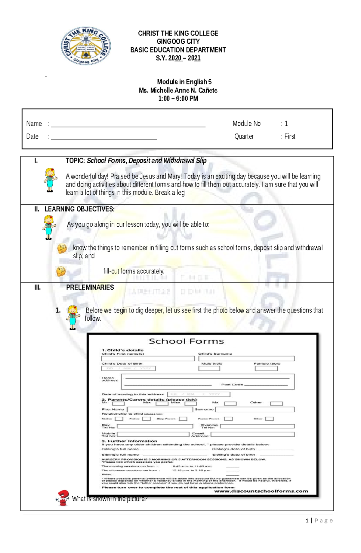 M1 Module on Filling Out School Forms and Financial Slips - Studocu