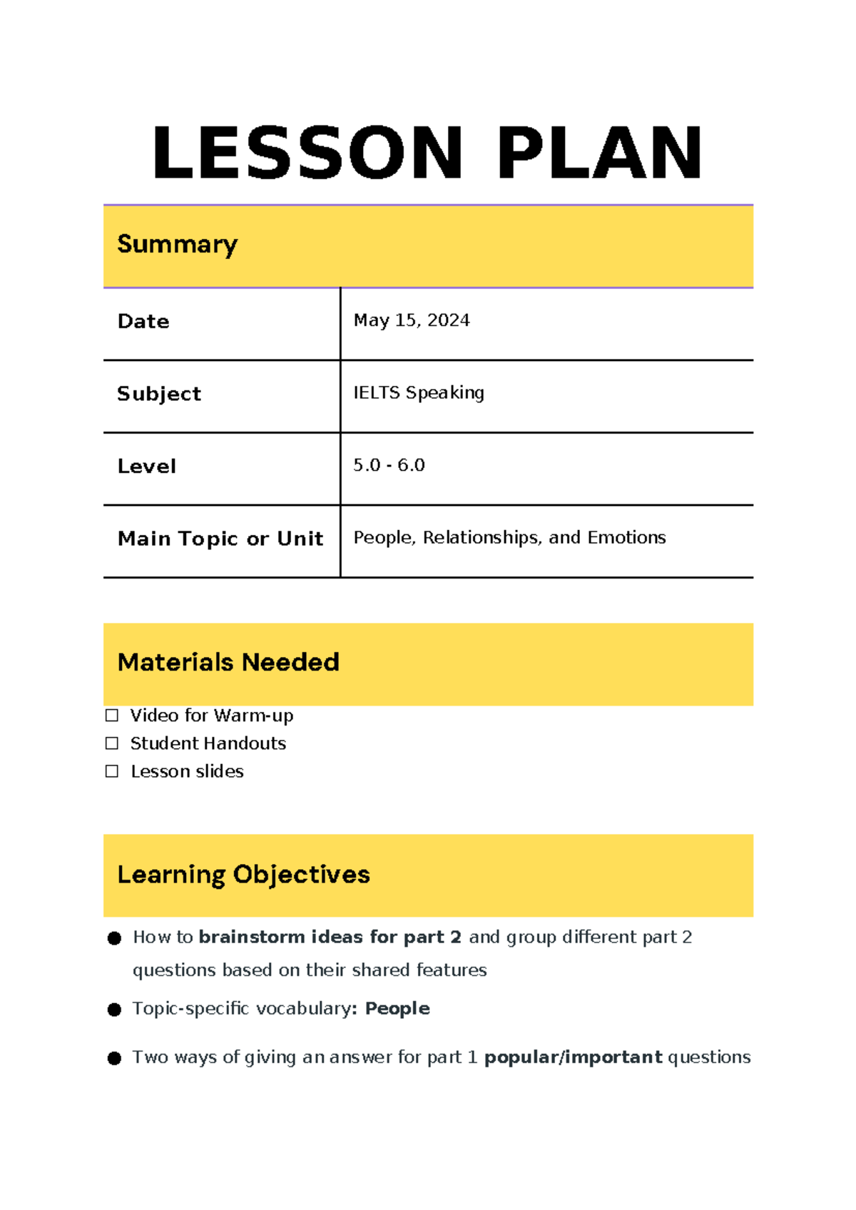 Lesson PLAN - hhhhhhhhhhhhhh - LESSON PLAN Summary Date May 15, 2024 ...