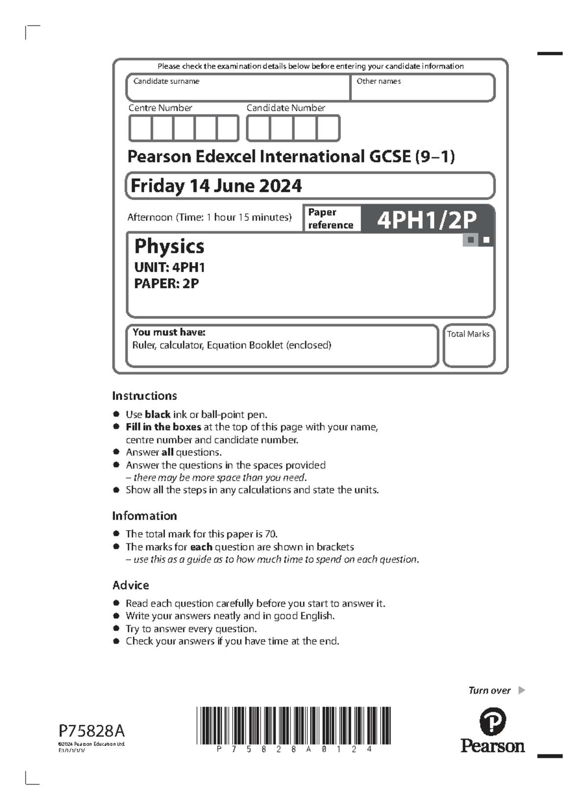4PH1 2P Physics Past Paper - Double Award Science Exam 2024 - Studocu