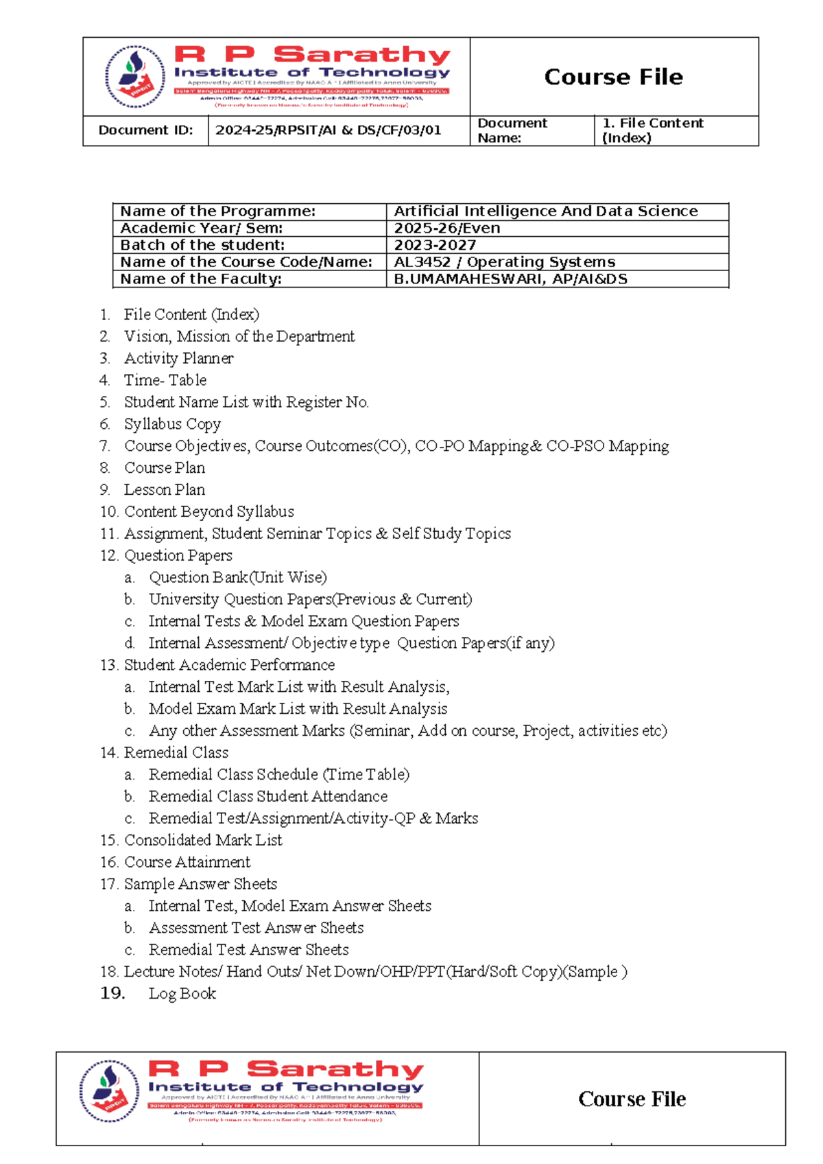 Course File AL3452 - Operating Systems Notes and Index 2025-26 - Studocu