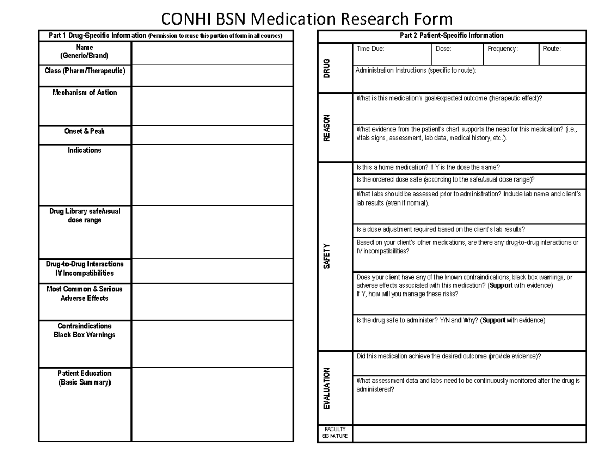 CONHI BSN Medication Research Form Part 2: Drug Administration Details ...