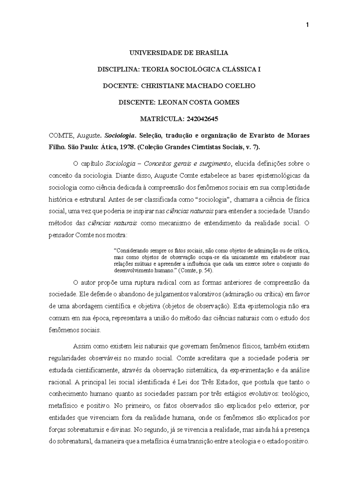R1 Sociologia: Análise do Capítulo sobre Comte e a Física Social - Studocu