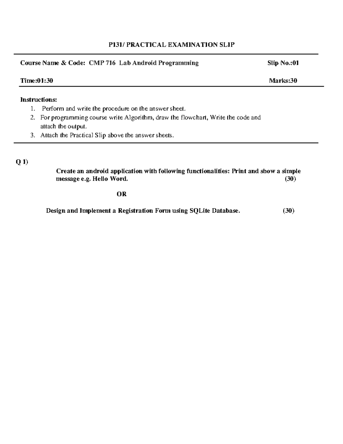 CMP 716 Lab Android Programming - : Time:01:30 Marks: Instructions: 1 ...