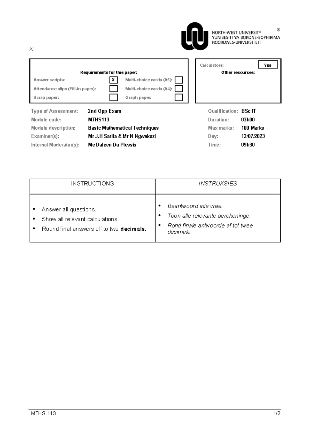 2nd Opp Exam Study Guide for MTHS 113 - BSc IT 2023 - Studocu