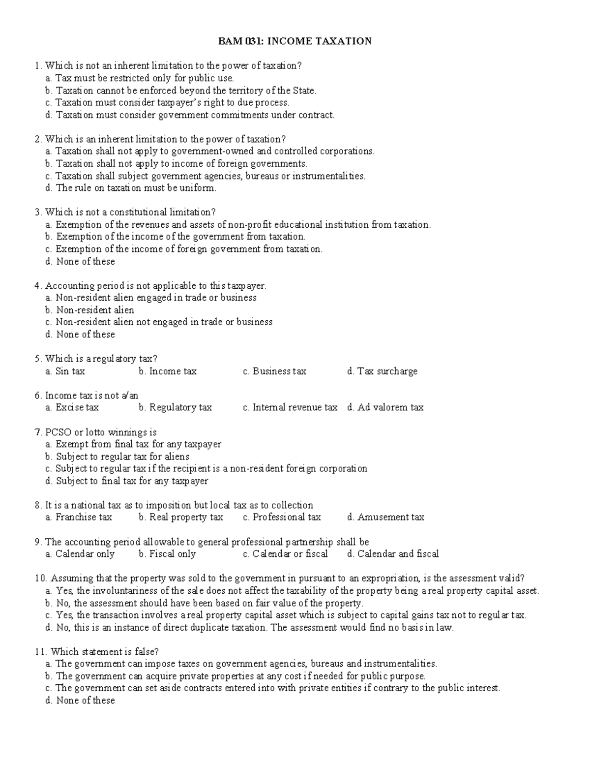 BAM 031: INCOME TAXATION 1 - P1 EXAMINATION QUESTIONS - Document Preview