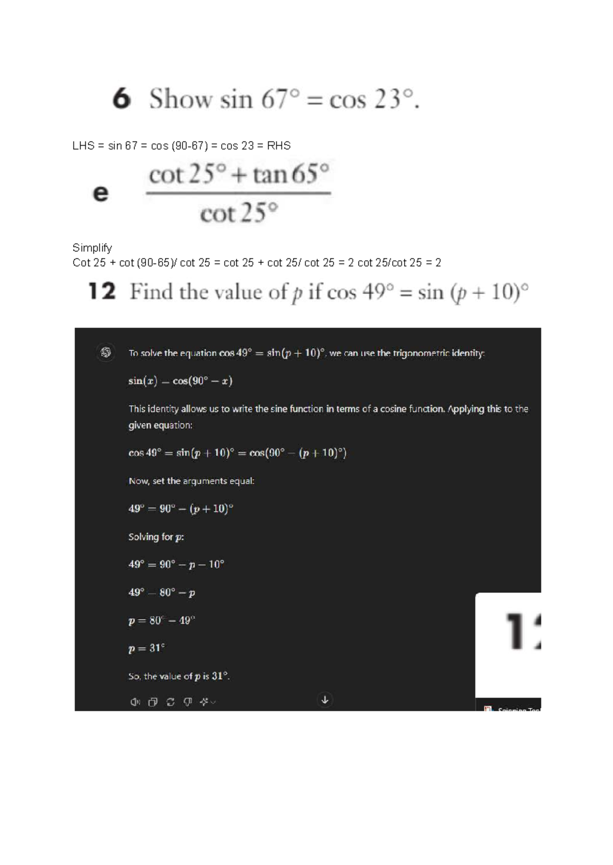Maths notes term 3 extension 1 2024 - LHS = sin 67 = cos (90-67) = cos ...