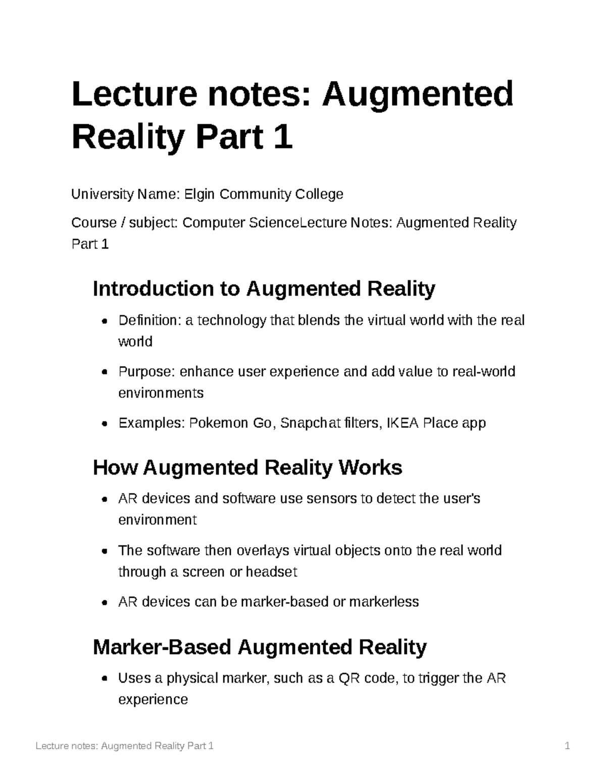 Lecture Notes CS 101: Introduction to Augmented Reality Part 1 - Studocu