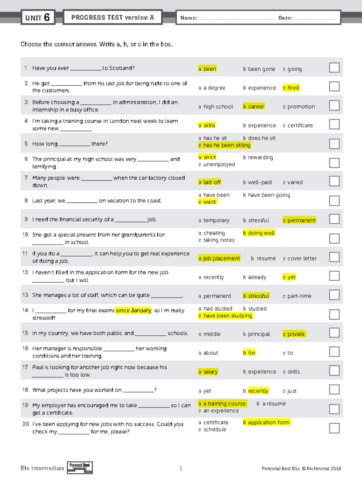 U6 Progress Test Version A - Answer Key and Guidelines - Studocu