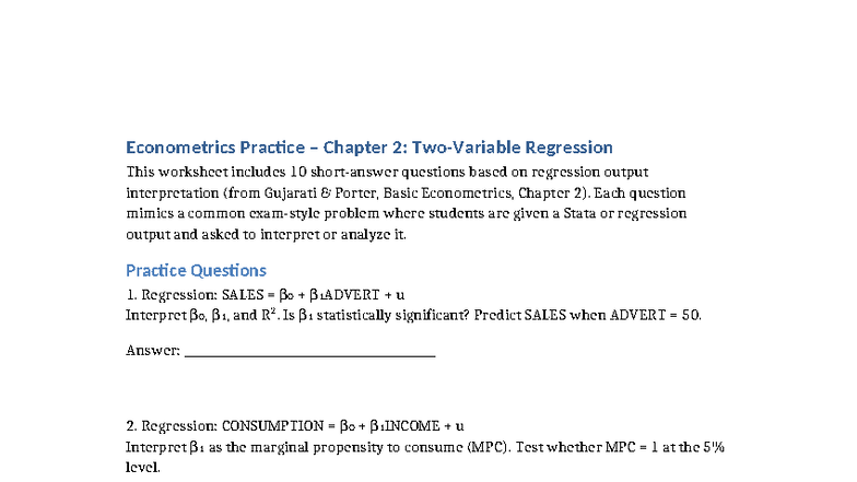 Econometrics Practice: Regression Analysis Questions (Chapter 2) - Studocu