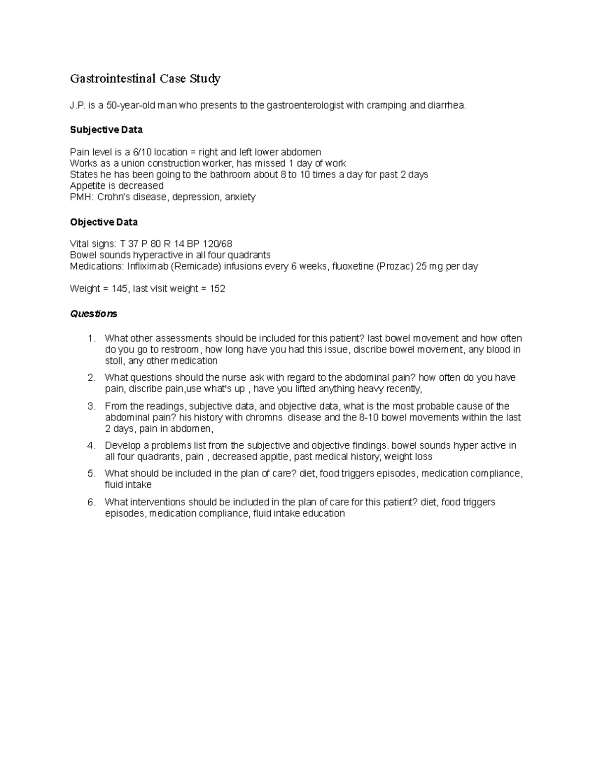 Case Study: Gastrointestinal System Analysis for Patient J. - Studocu