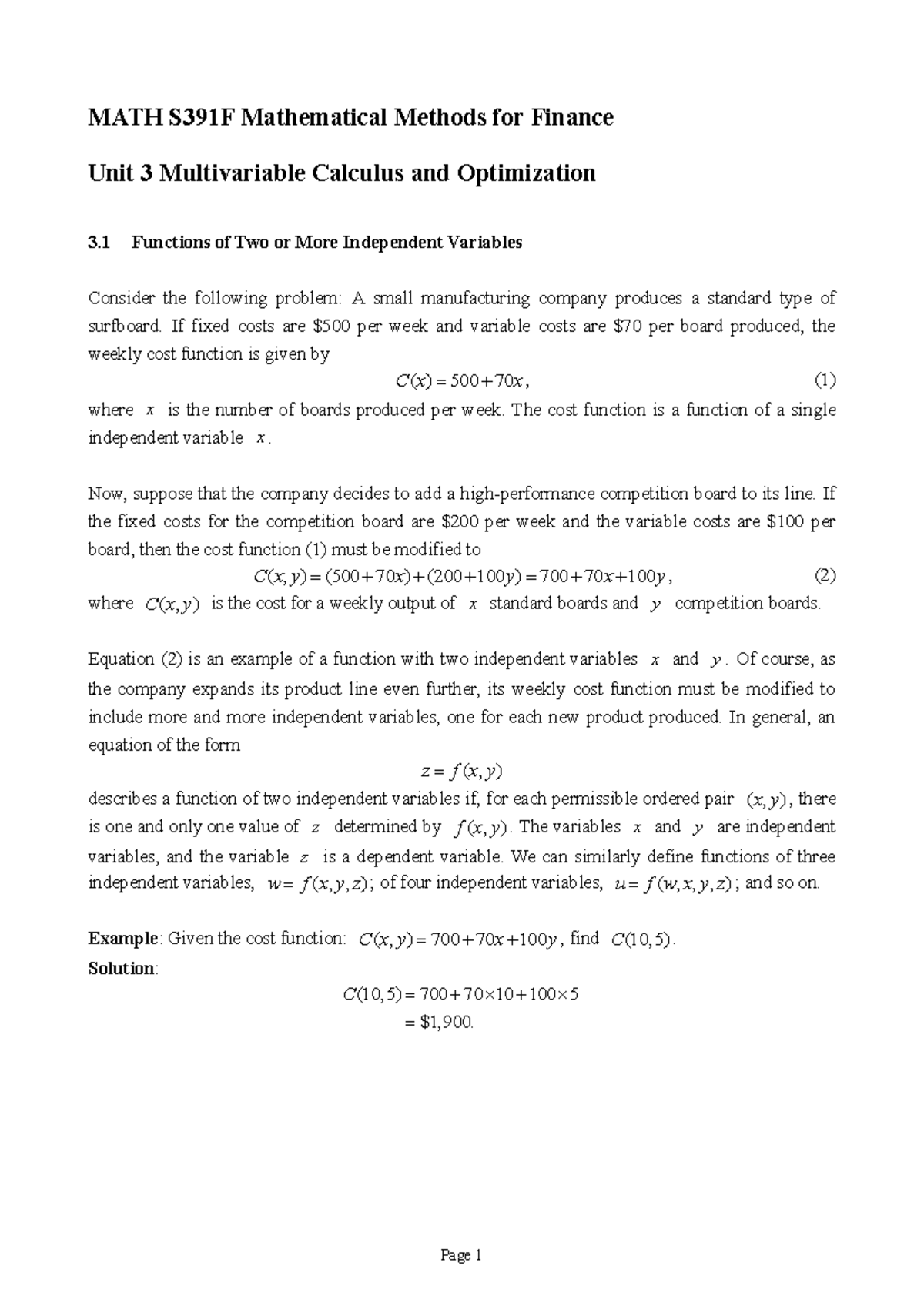 MATH S391F Unit 3 Lecture Note - MATH S391F Mathematical Methods for ...