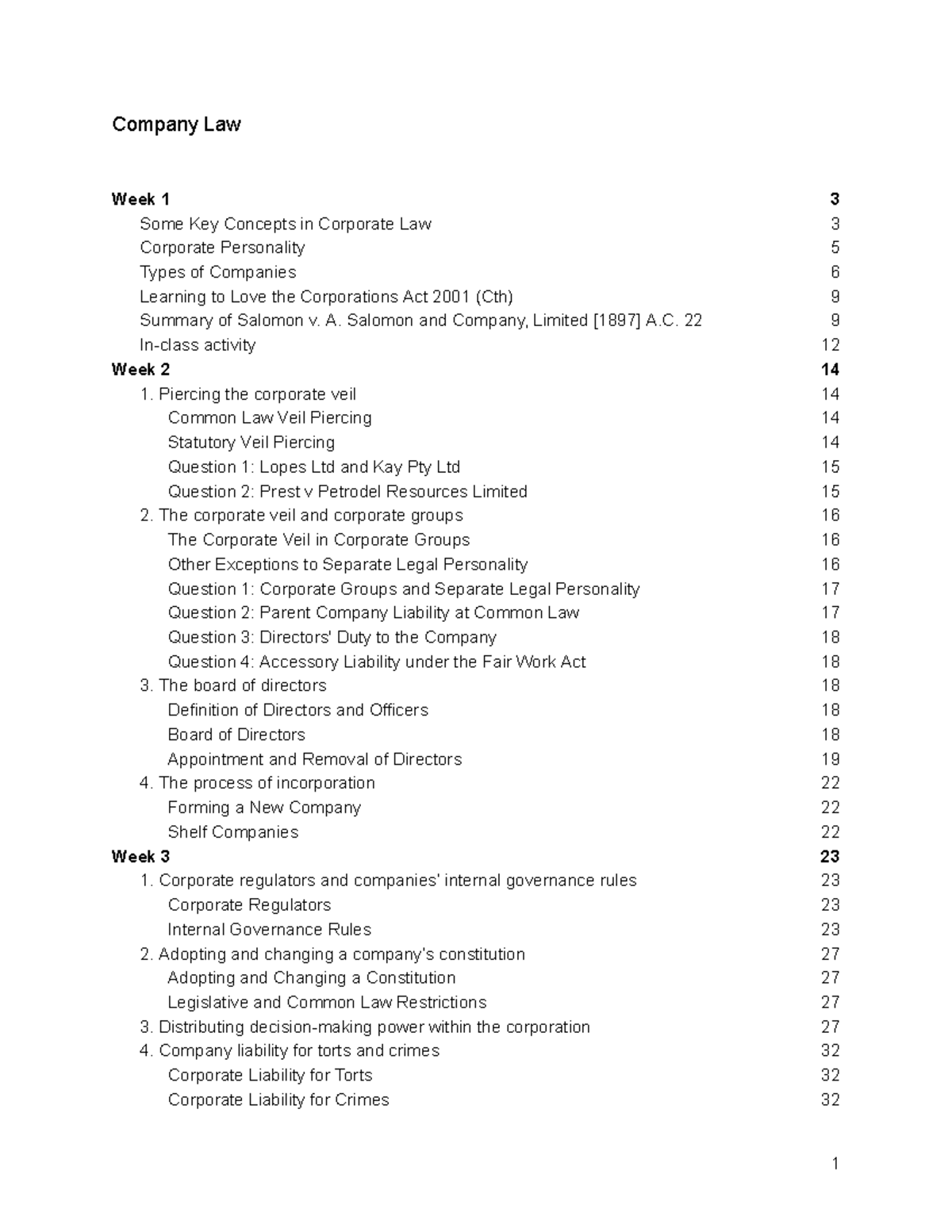 Company Law (LAW101) Weeks 1-3: Key Concepts & Case Summaries - Studocu