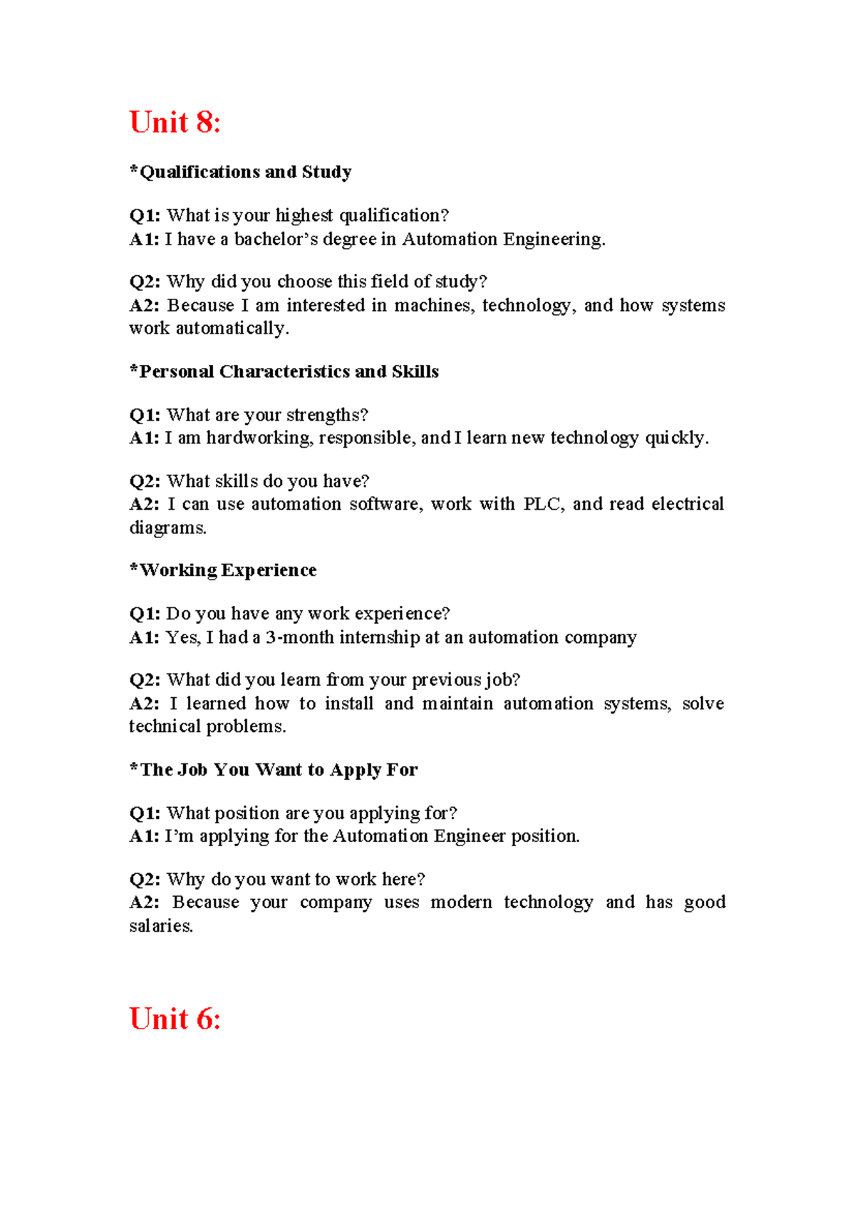 Unit 8: Interview Preparation for Automation Engineer Position - Studocu