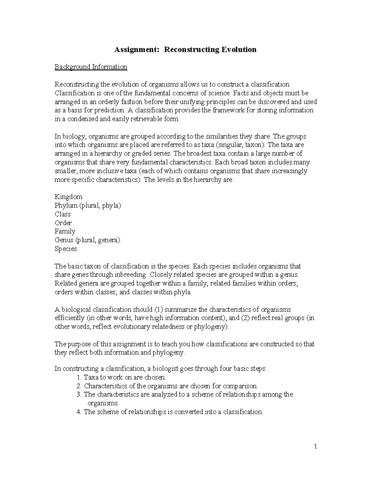 Phylogenetic Tree Project: Directions for Class Assignment - Studocu