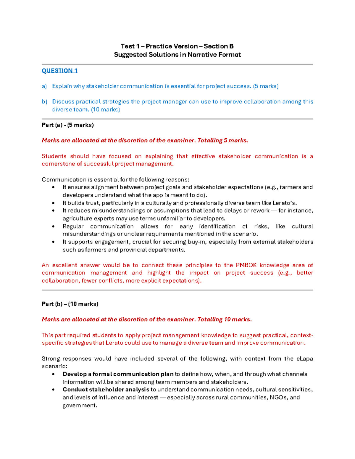 Project Management - Practice Test 1 (Sec B Answers) - 2025 Edition ...