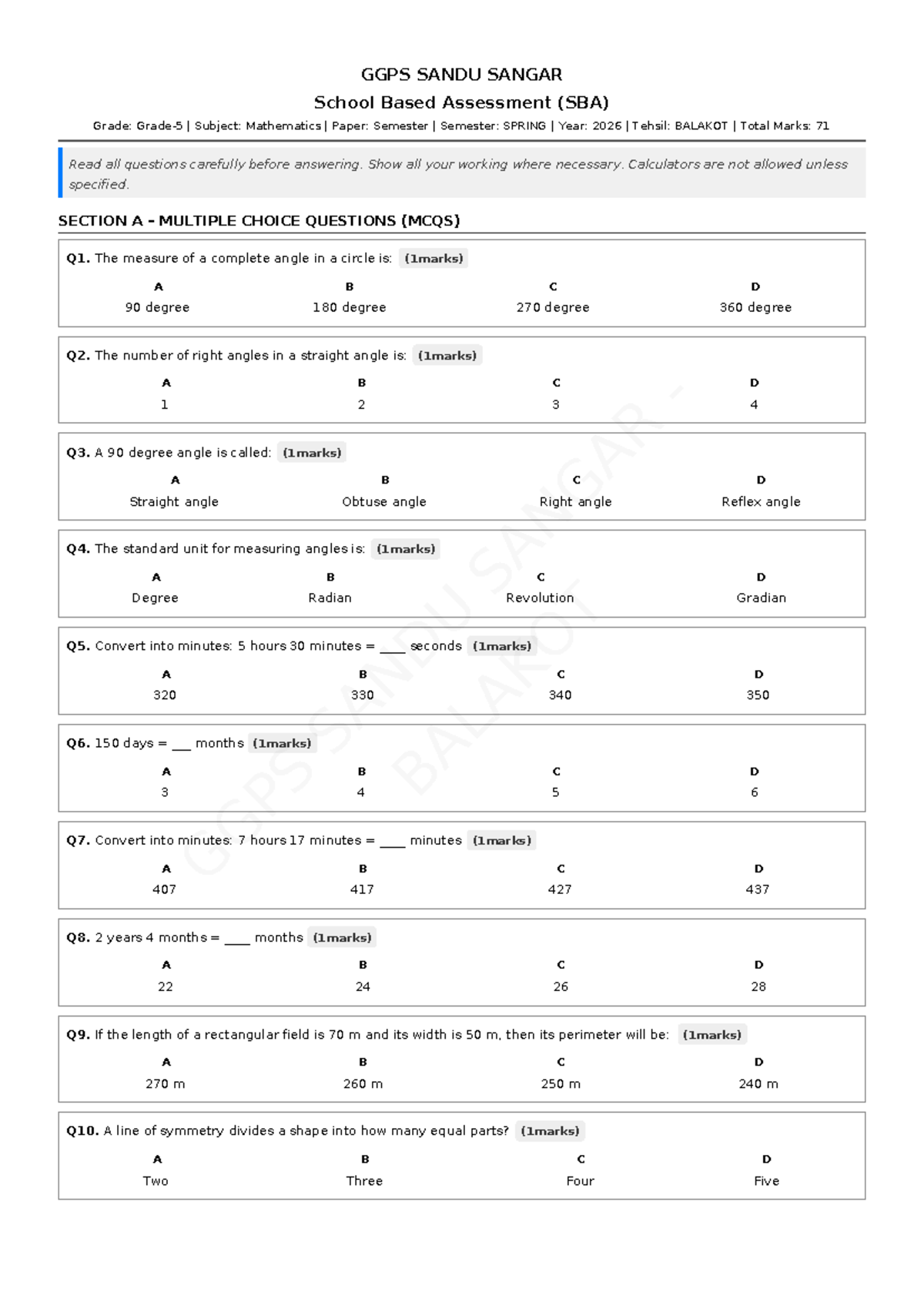 GGPS Mathematics Grade 5 SBA Paper - Spring 2026 - Studocu