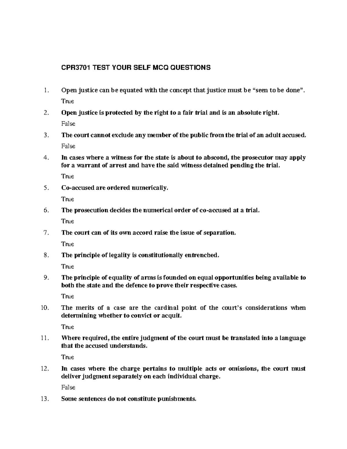 CPR3701 MCQs 2020 - Comprehensive Guide to Criminal Procedures - Studocu