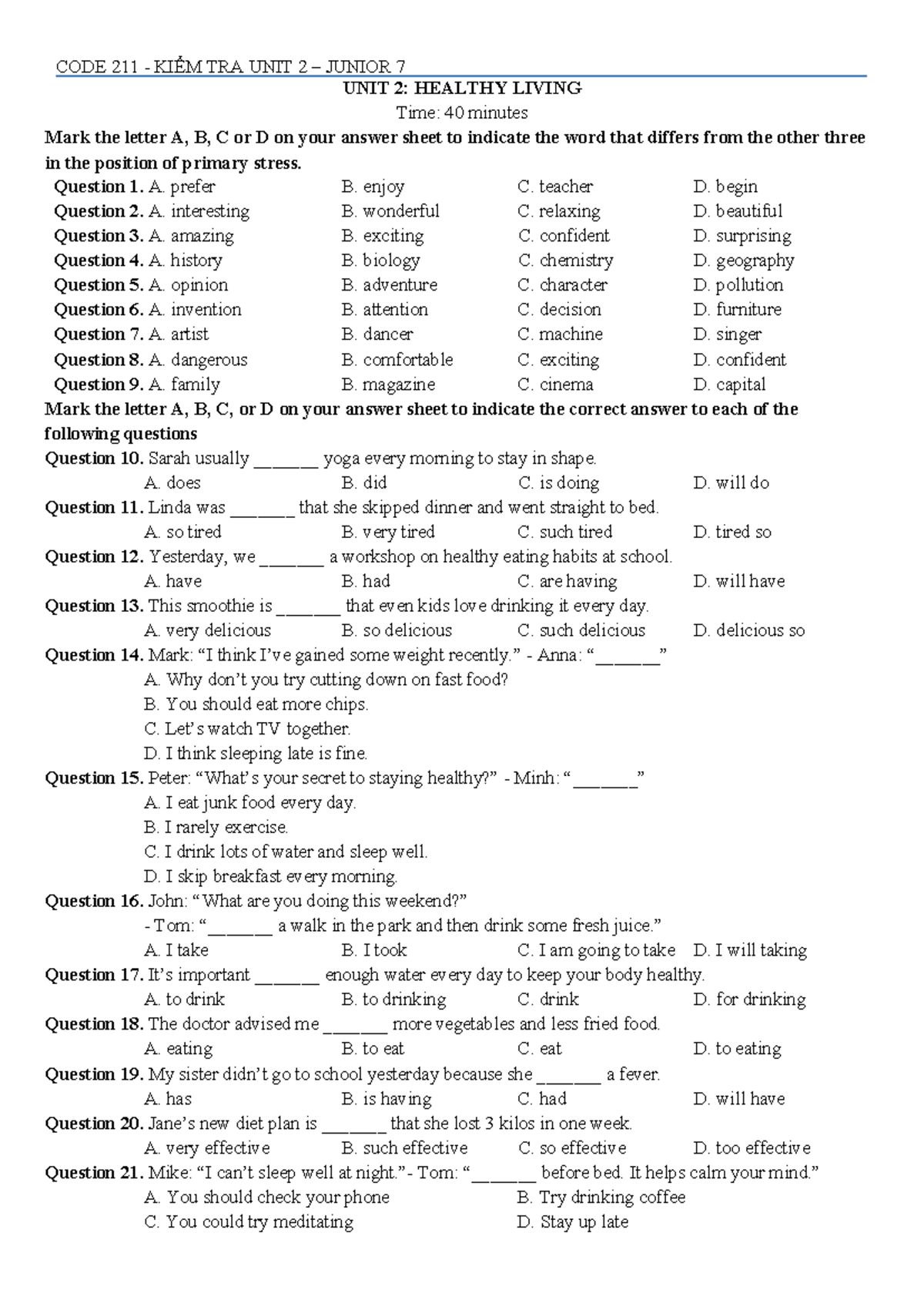 CODE 211 KIỂM TRA UNIT 2 JUNIOR 7: HEALTHY LIVING EXAM QUESTIONS - Studocu