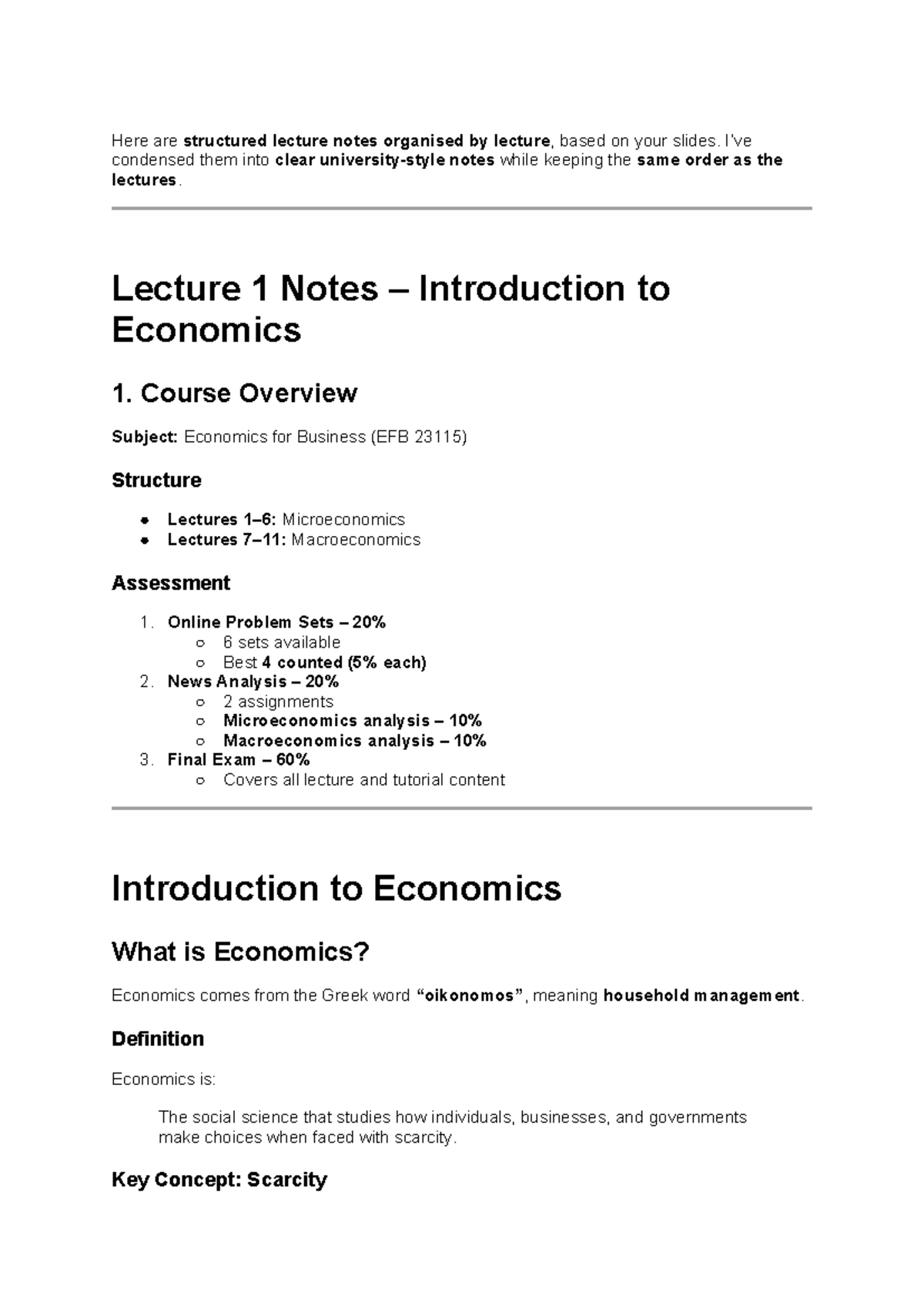 EFB 23115 Lecture Notes: Introduction to Economics - Studocu