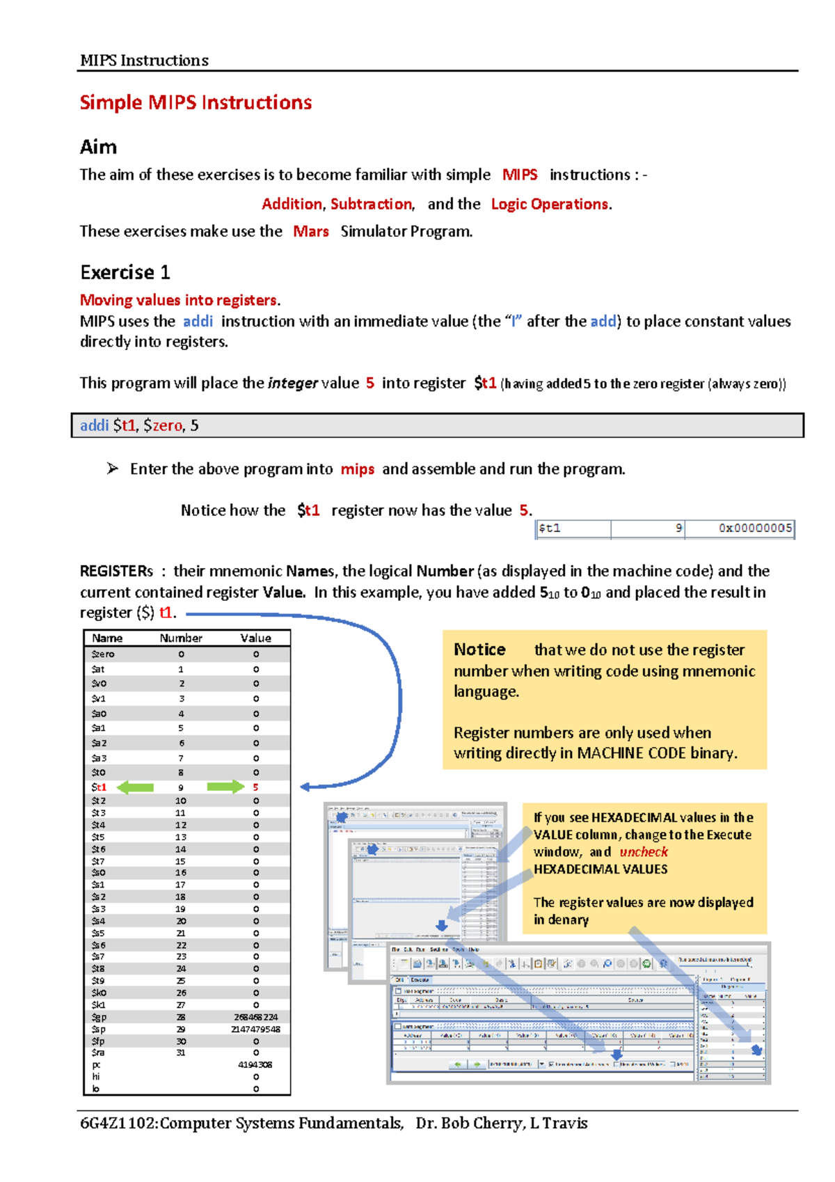 MIPS Lab 1a - Week 6 tutorial work for unit: Computer Systems ...