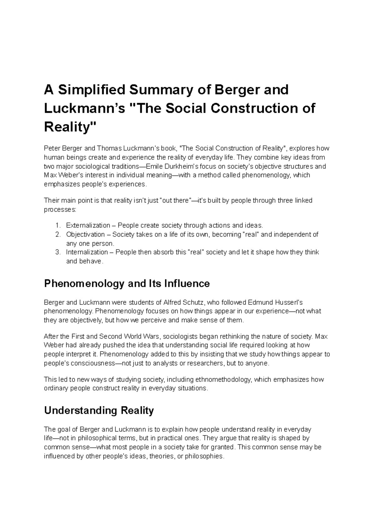 Summary page illustrating how habitualisation contributes to social reality perception