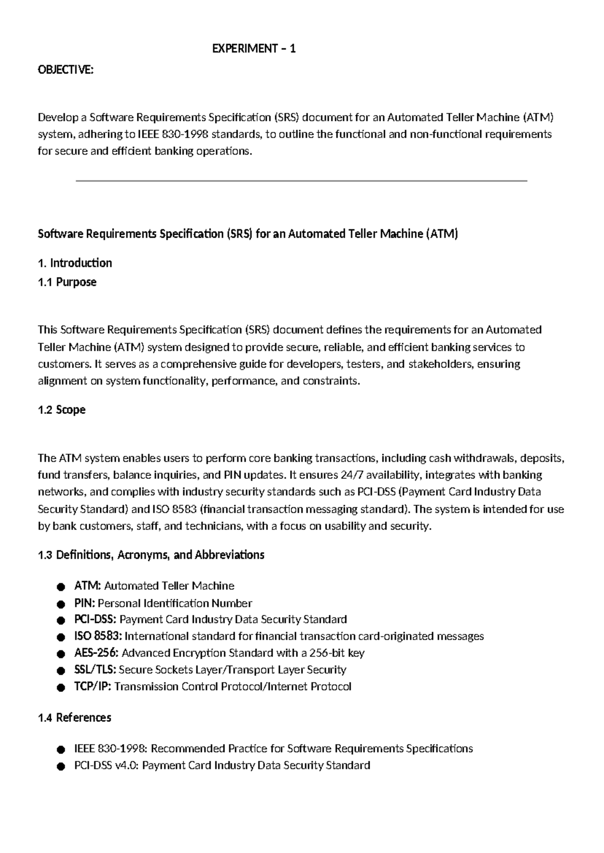 SRS document for ATM system: requirements and specifications - Studocu