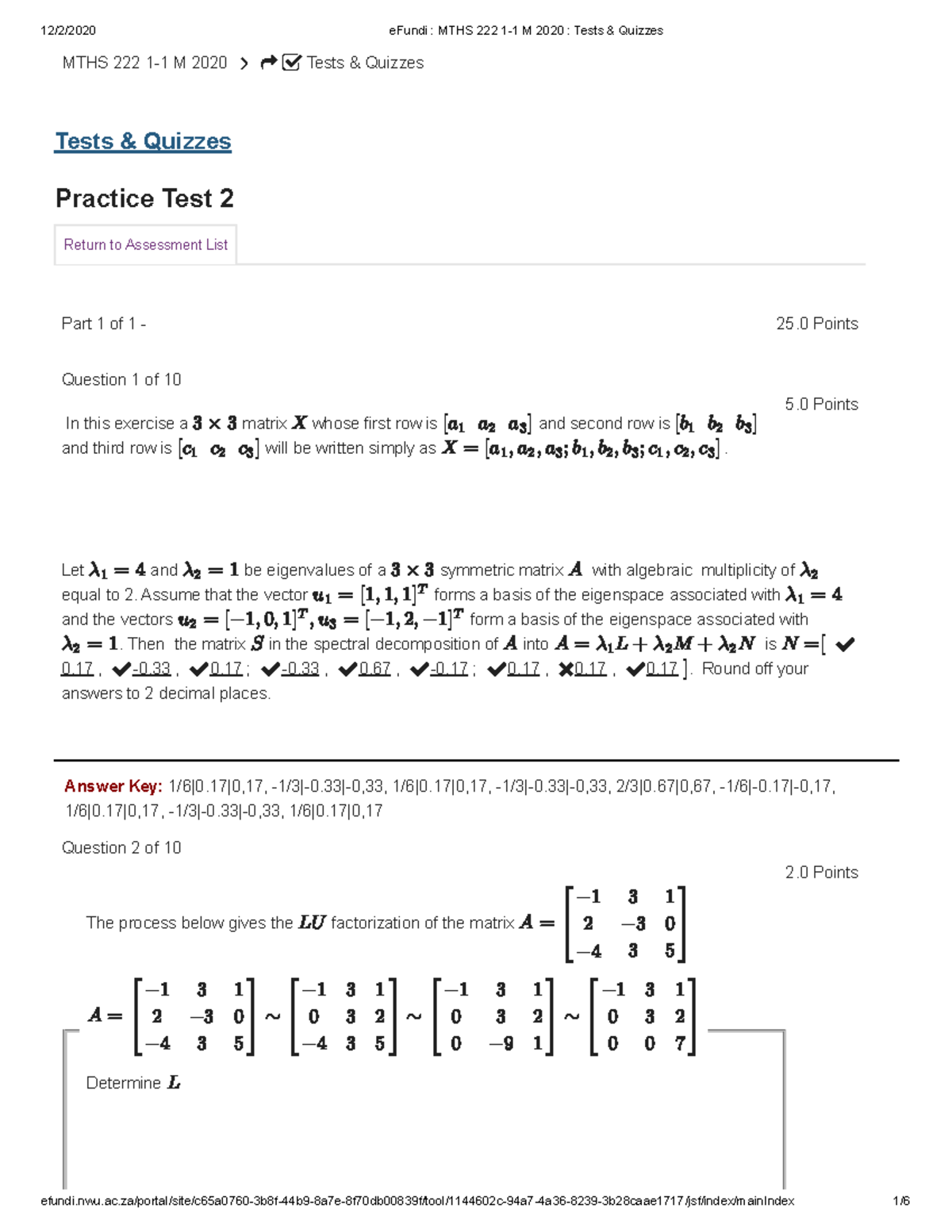 MTHS 222 Practice Test 2 - Matrix Factorization Questions - Studocu