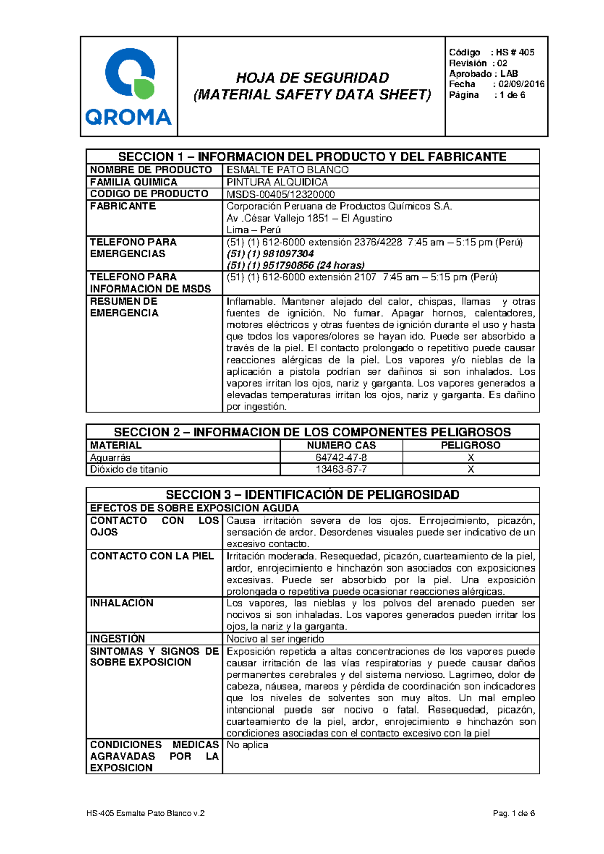 HS-405 MSDS: Esmalte Pato Blanco Seguridad y Manipulación - Document Preview