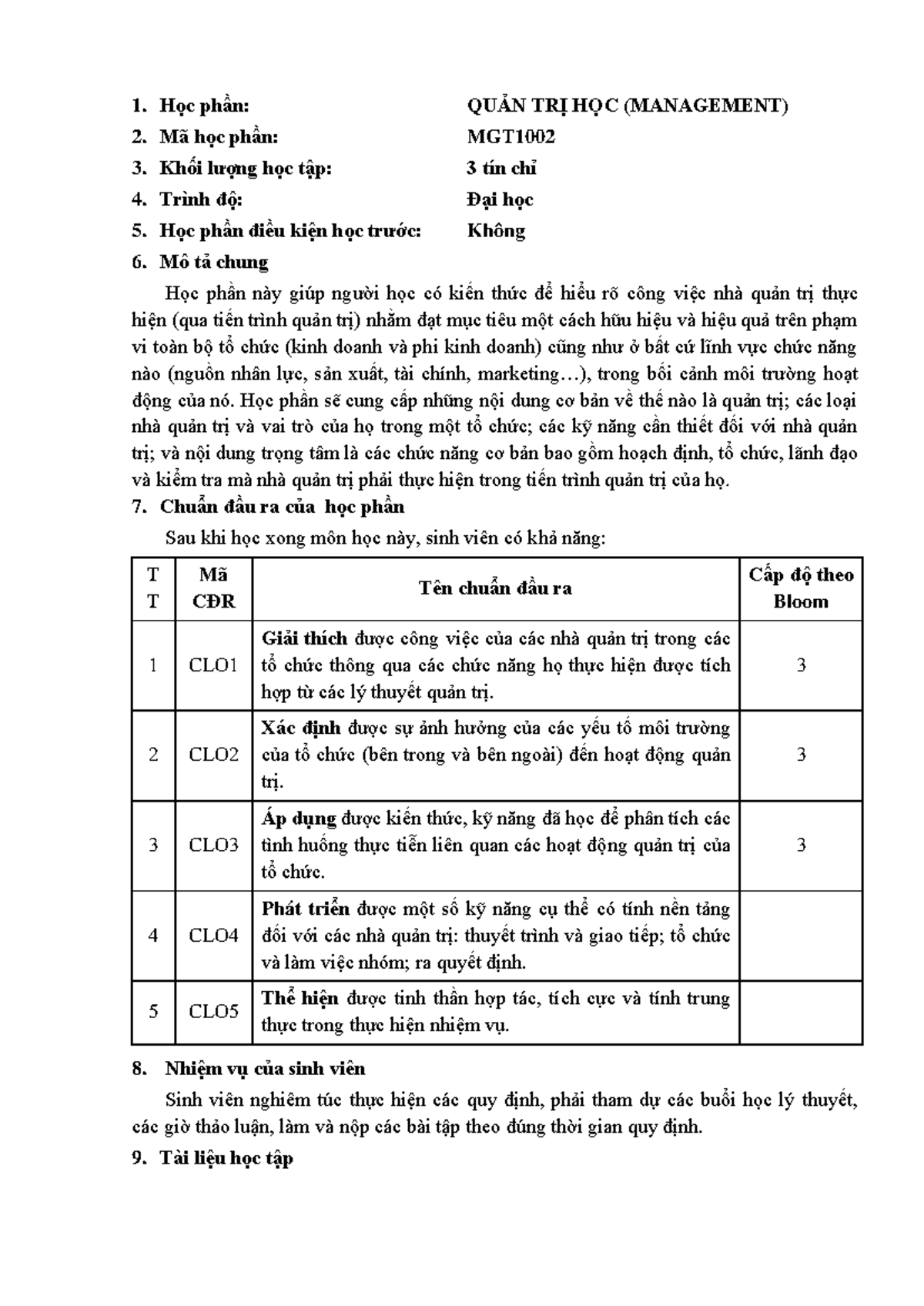 Syllabus MGT - Quản trị học - Tóm tắt và Mục tiêu Học phần - Studocu
