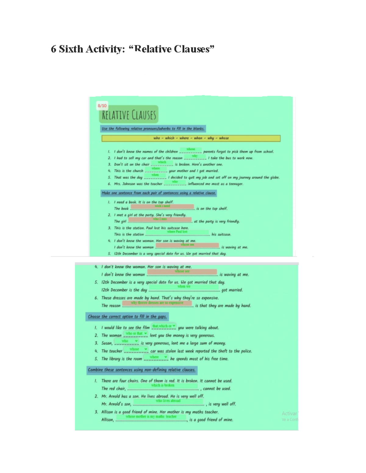 6 Sixth Activity - increible - 6 Sixth Activity: RELATIVE CLAUSES Use ...
