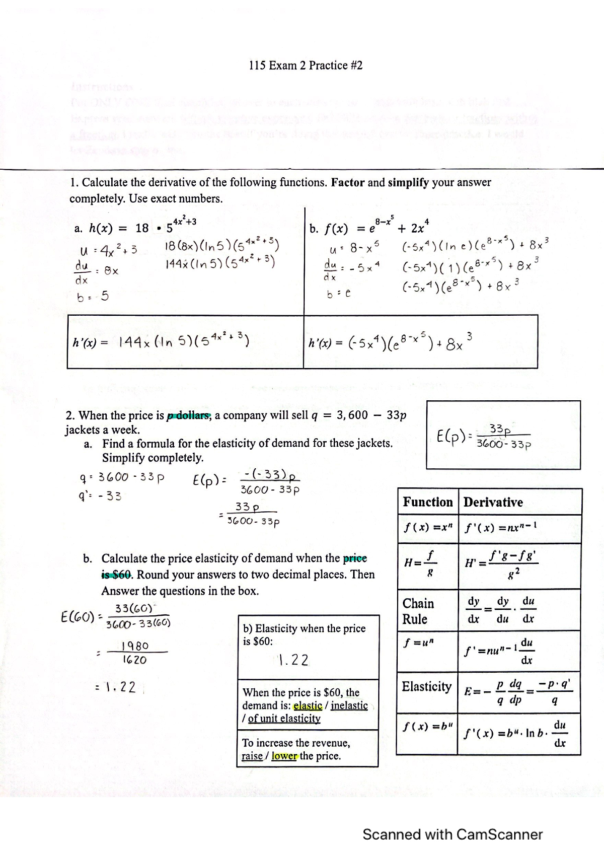 MATH 115 Midterm 2 Derivative Practice Exam and Elasticity Concepts ...