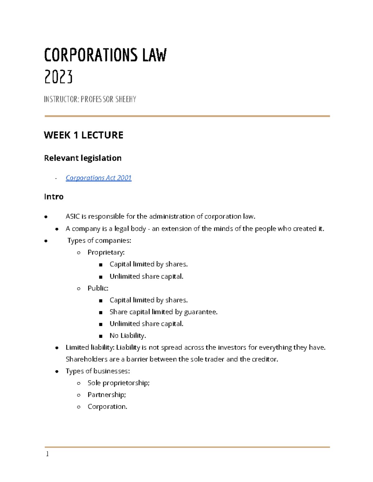 Corporations 2023: Week-by-Week Lecture Notes and Key Concepts - Studocu
