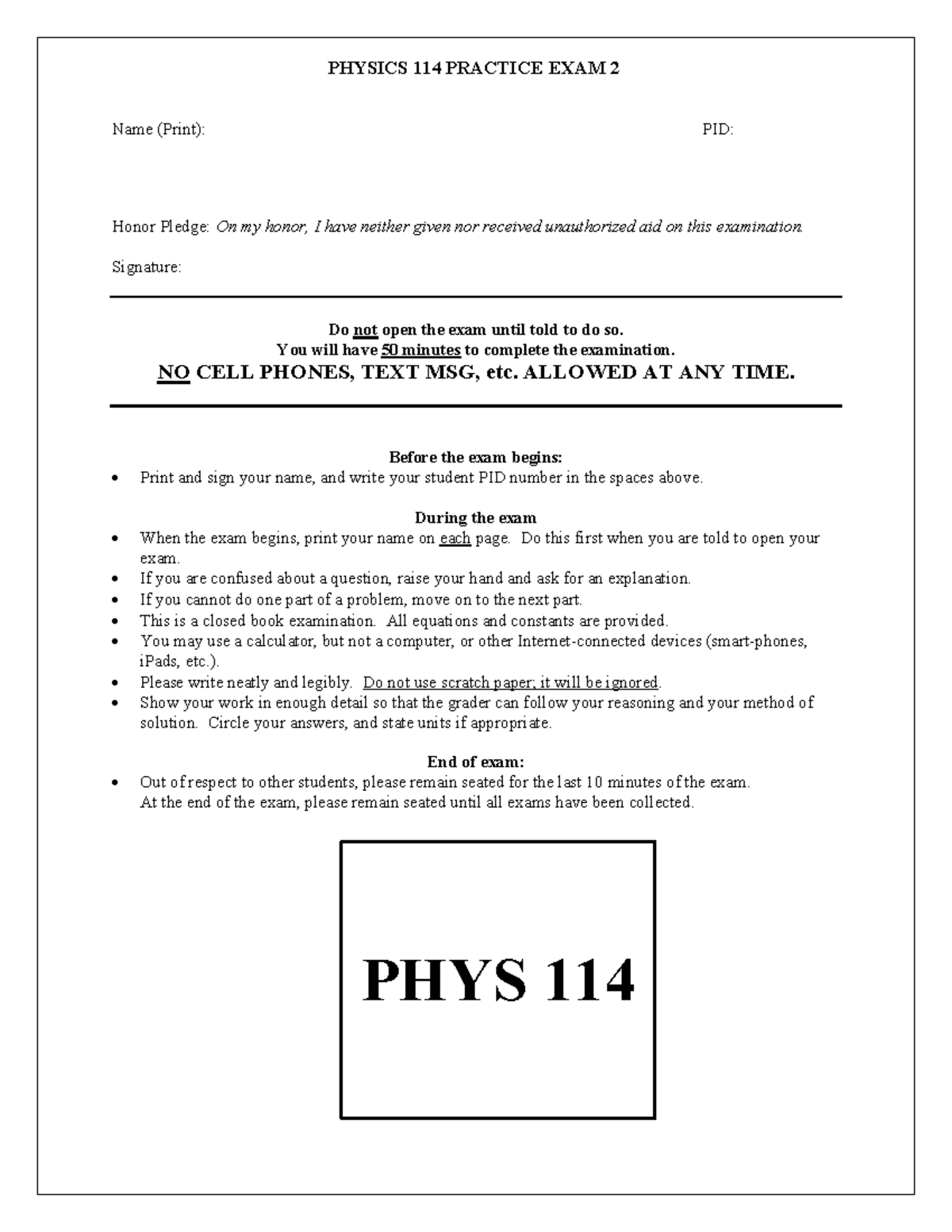 Physics 114 Practice Exam 2 - Comprehensive Review and Guidelines - Studocu