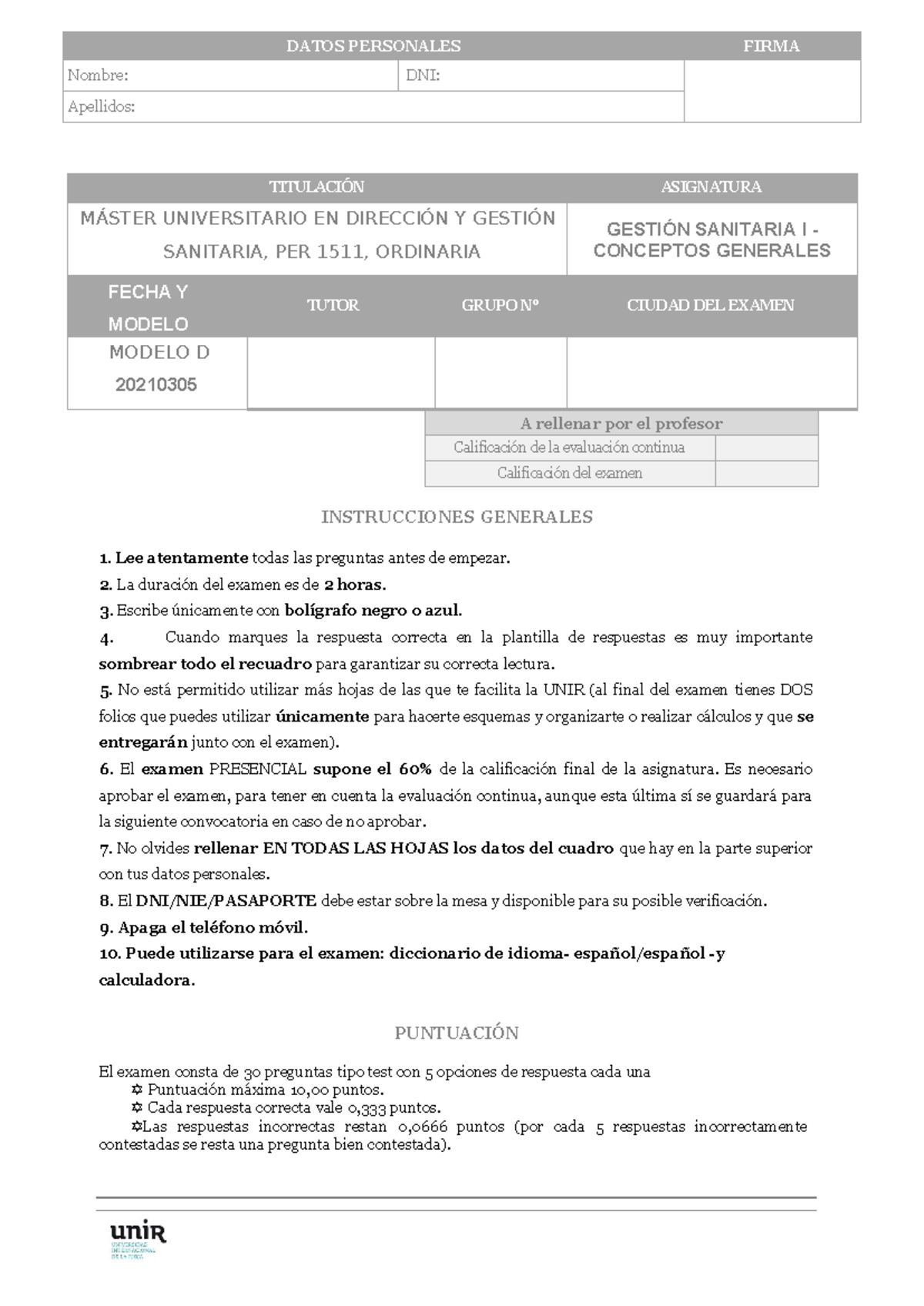 Examen Ordinario de Gestión Sanitaria I - PER 1511 - Document Preview